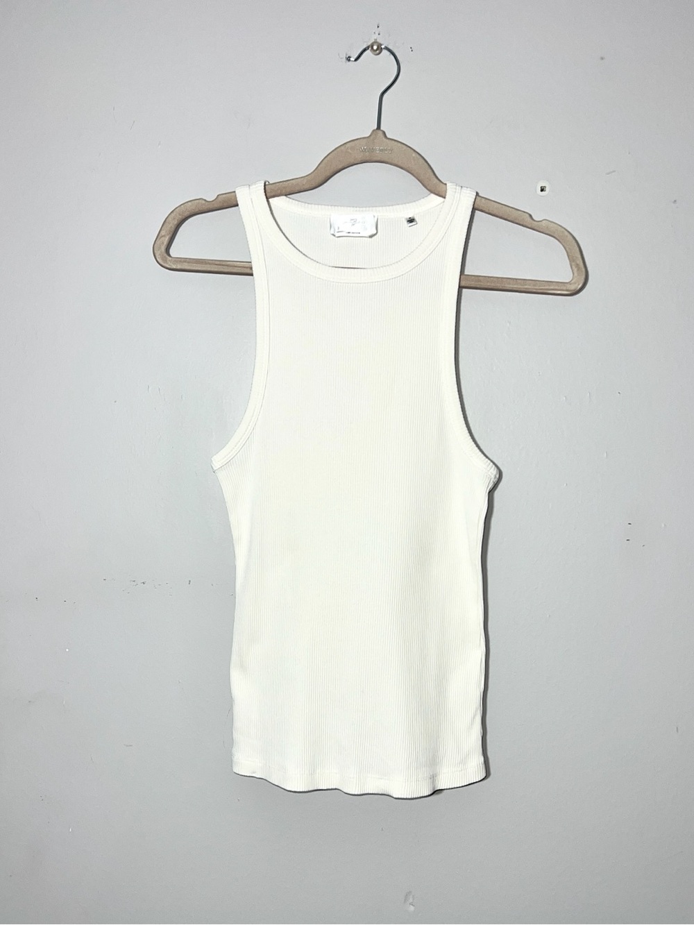 7 For All Mankind White Ribbed Pima Cotton High Neck Racerback Tank Top Size